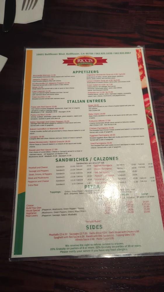 Ricci's Italian Restaurant Menu image 1